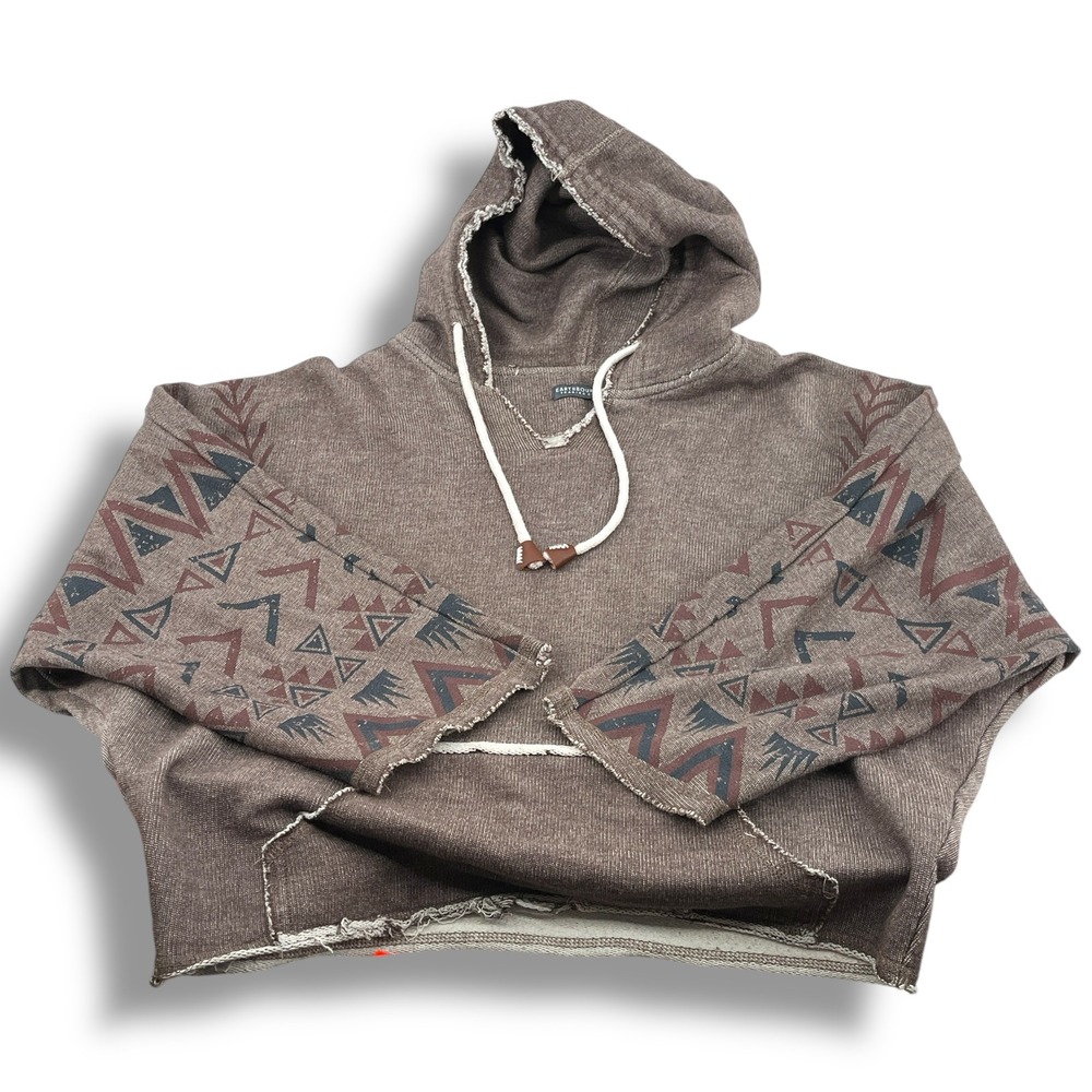 Earthbound Trading Co. Brown Aztec Print Cropped Hoodie Poncho Womens Size S